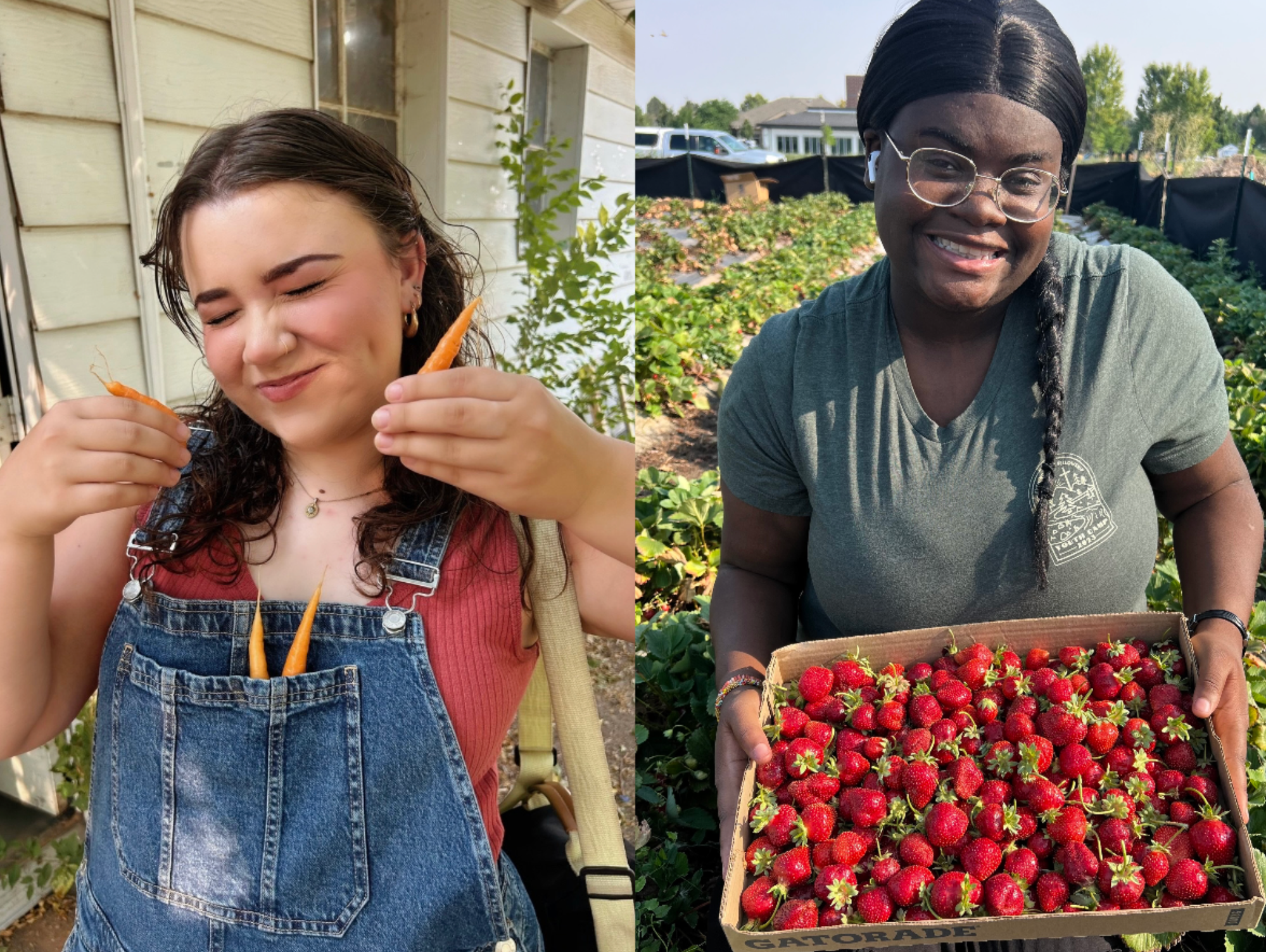 Two pictures of two girls with fresh fruits and vegetables. Both are smiling. 